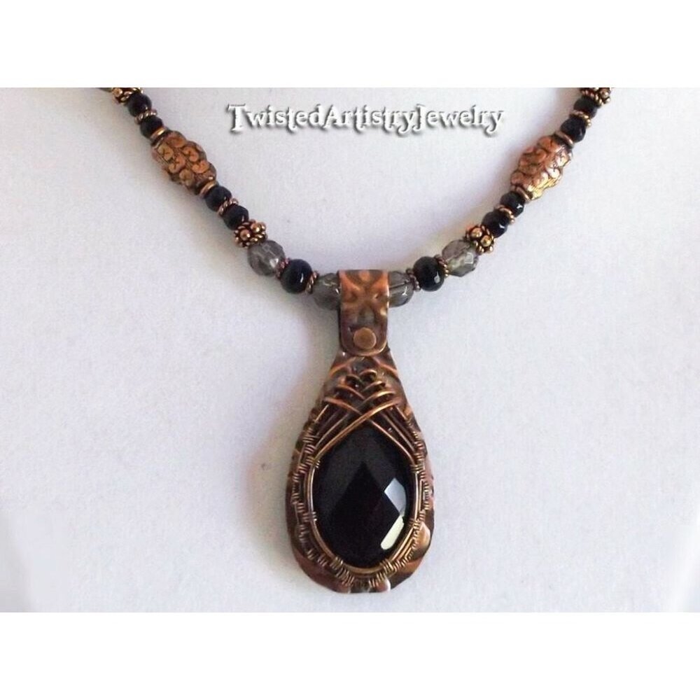 Beaded Necklace with Wire Wrapped Smoky Quartz Embossed Copper Pendant Handmade - Picture 2 of 4